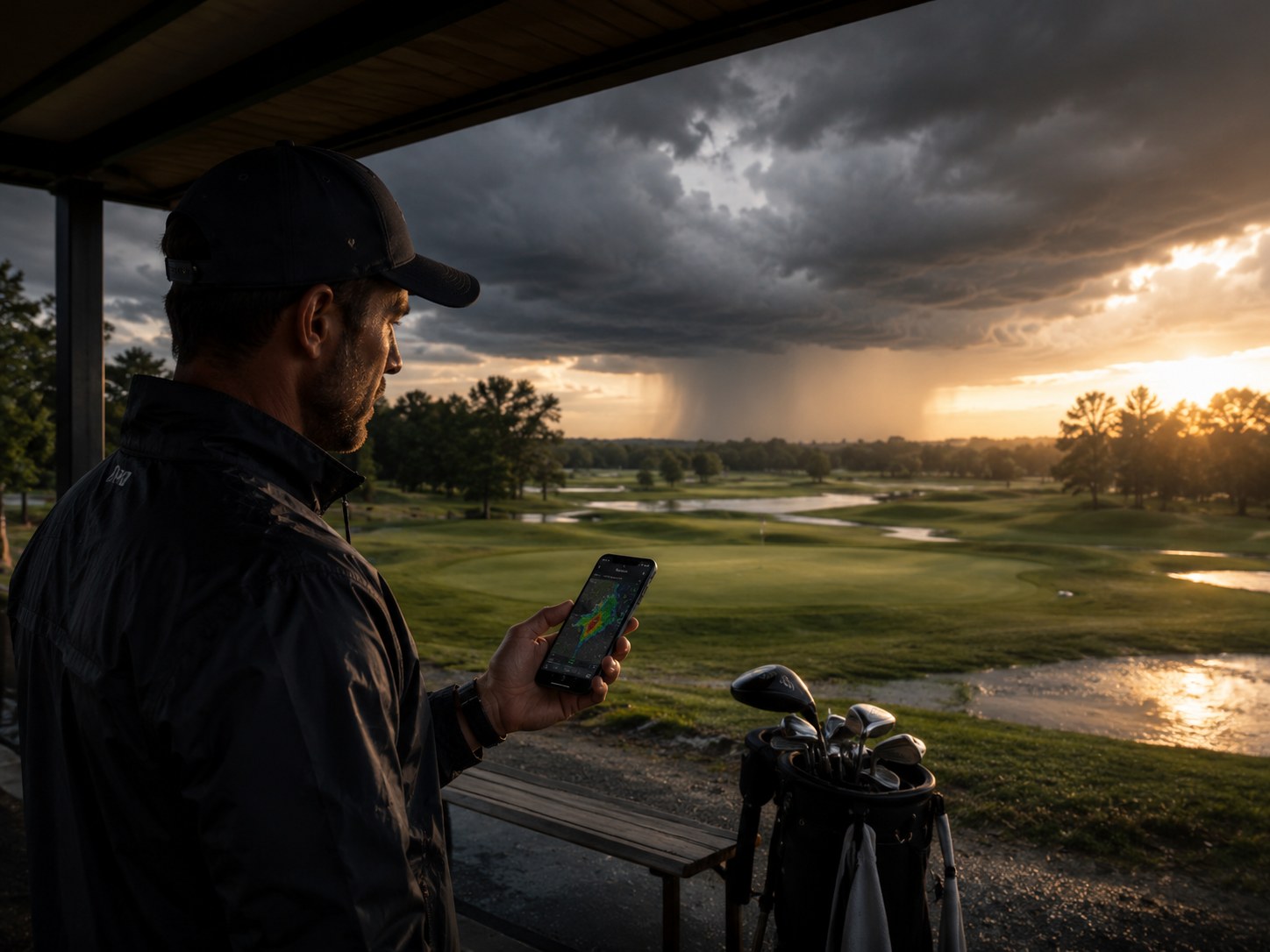 Golfer checking weather radar before a round