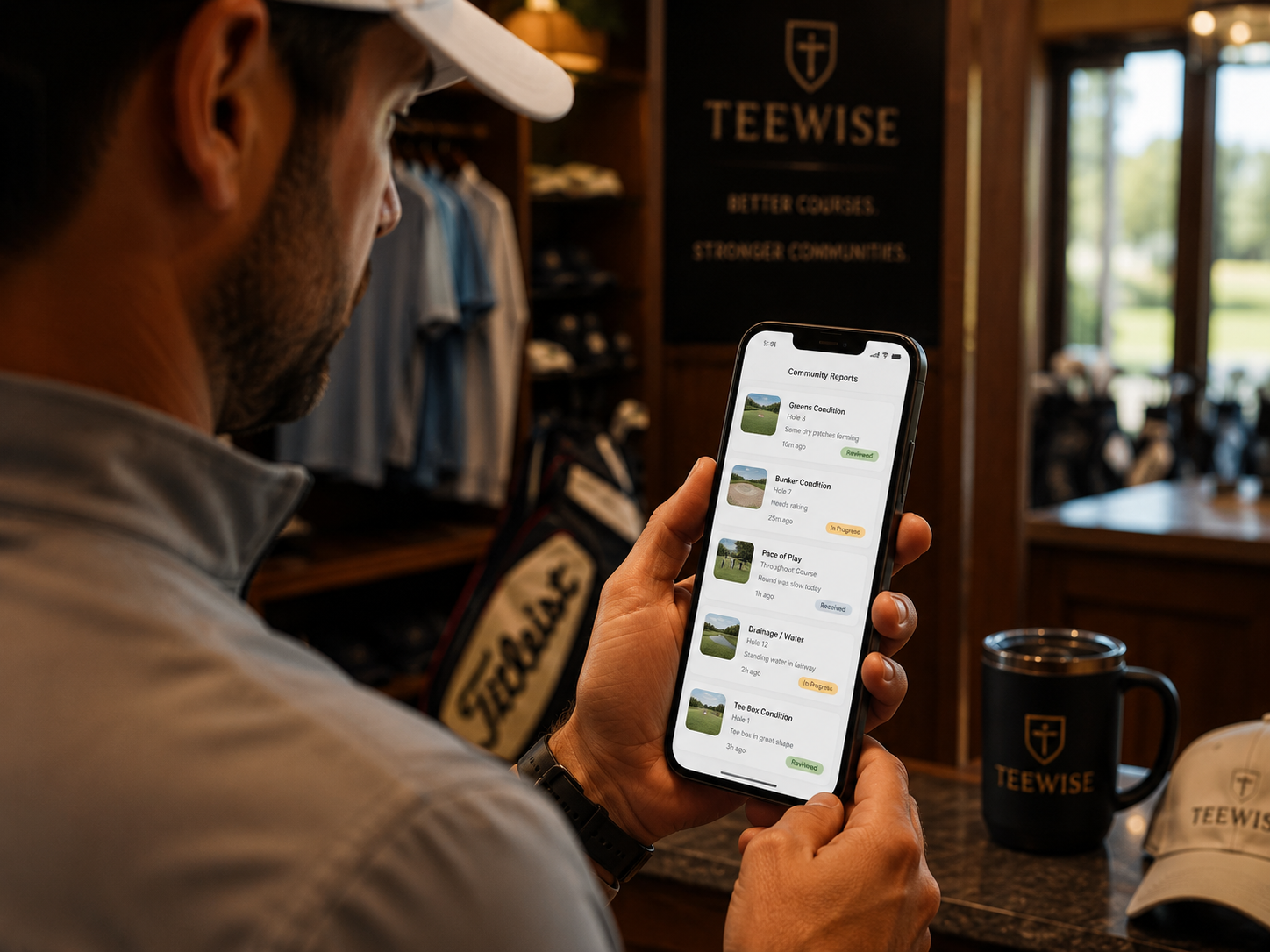 Course operator checking golfer community reports on a phone